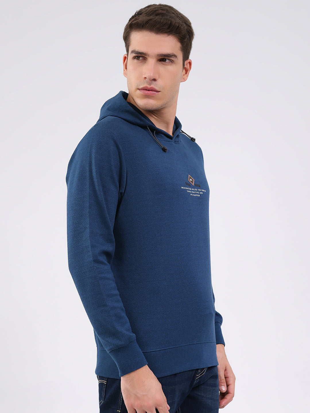 Men Blue Printed Hooded Full Sleeve Winter T-Shirt