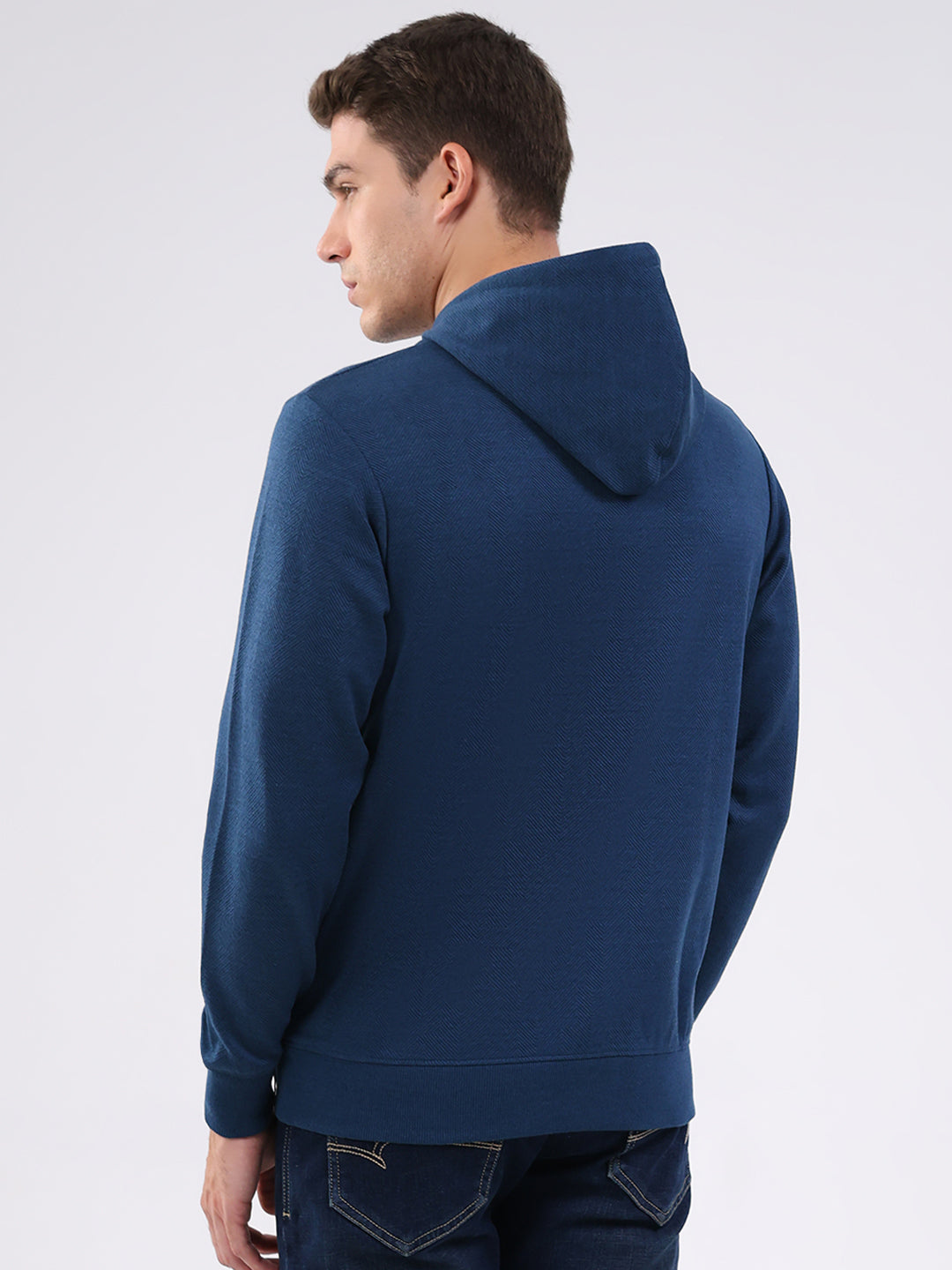 Men Blue Printed Hooded Full Sleeve Winter T-Shirt