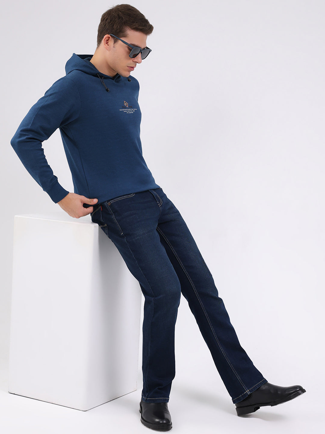 Men Blue Printed Hooded Full Sleeve Winter T-Shirt