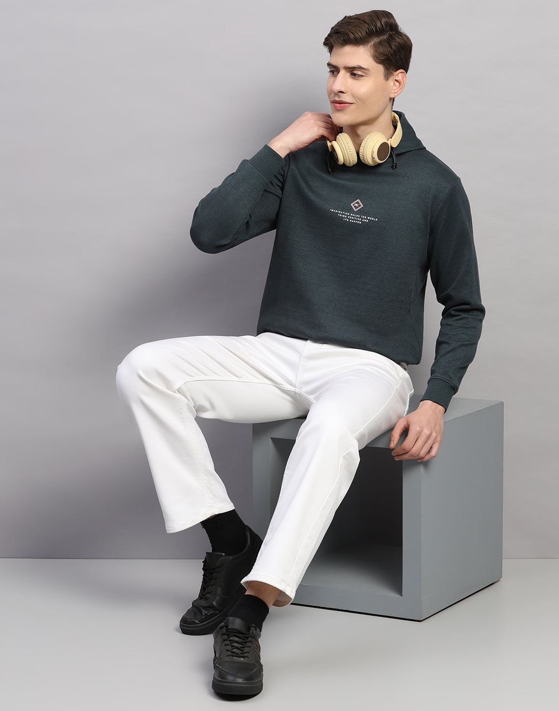 Men Green Printed Round Neck Full Sleeve Winter T-Shirt