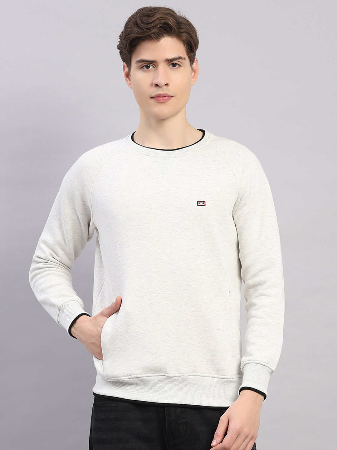 Men Off White Solid Round Neck Full Sleeve Sweatshirt