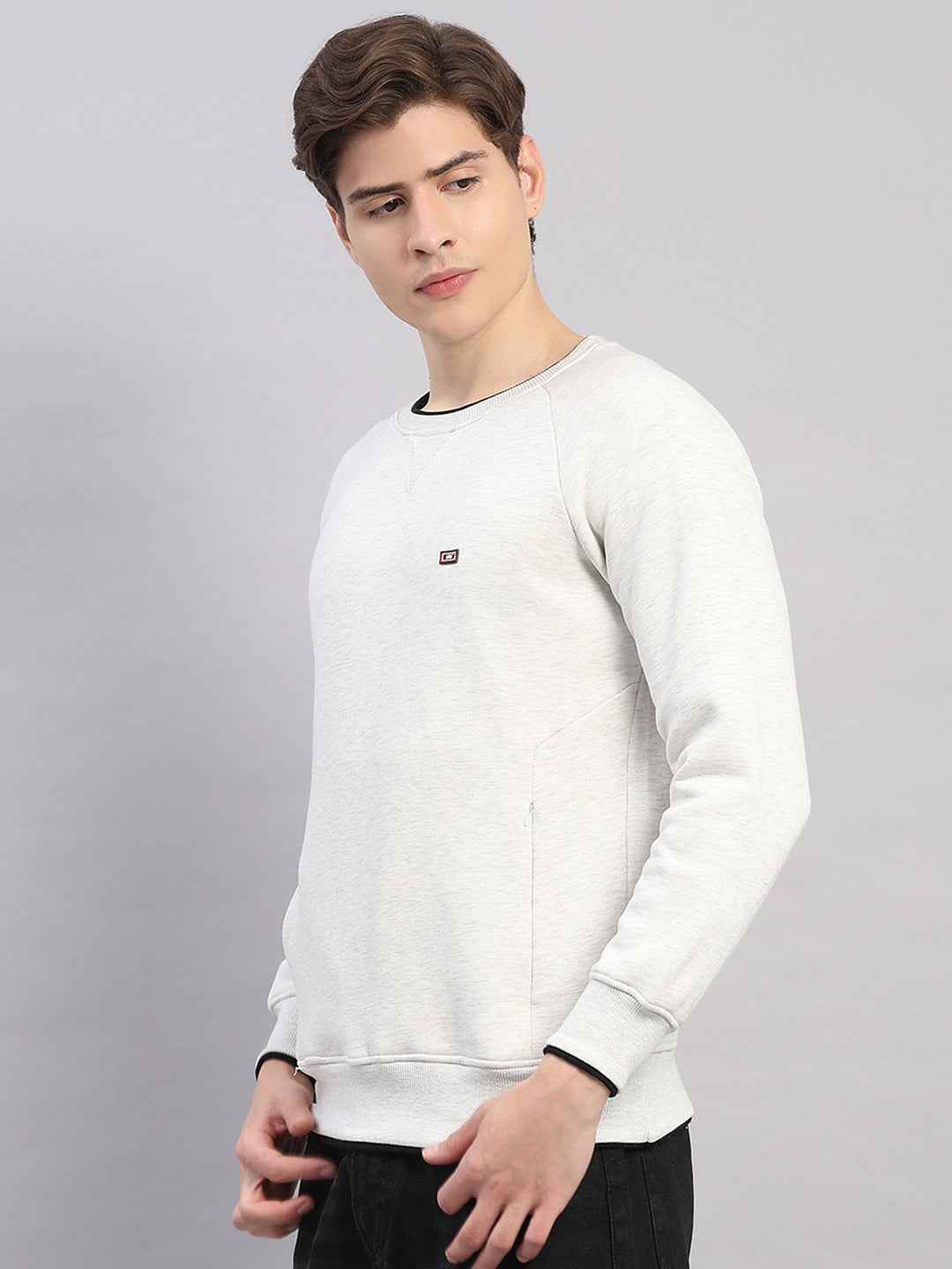 Men Off White Solid Round Neck Full Sleeve Sweatshirt