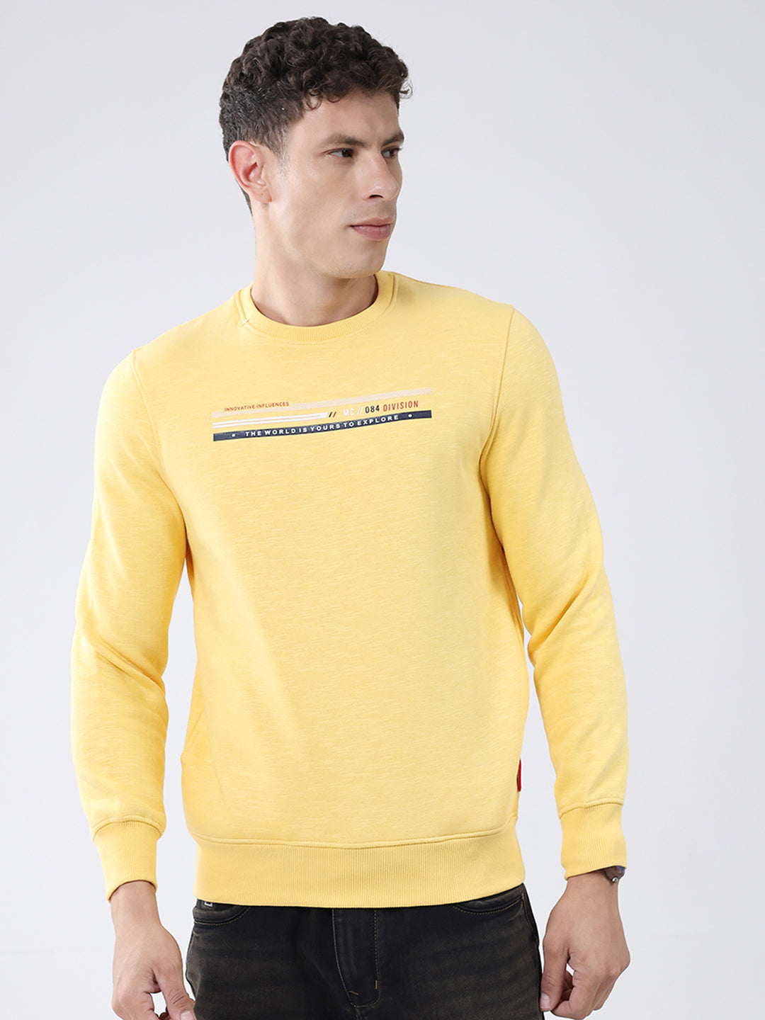 Men Yellow Solid Round Neck Full Sleeve Sweatshirt