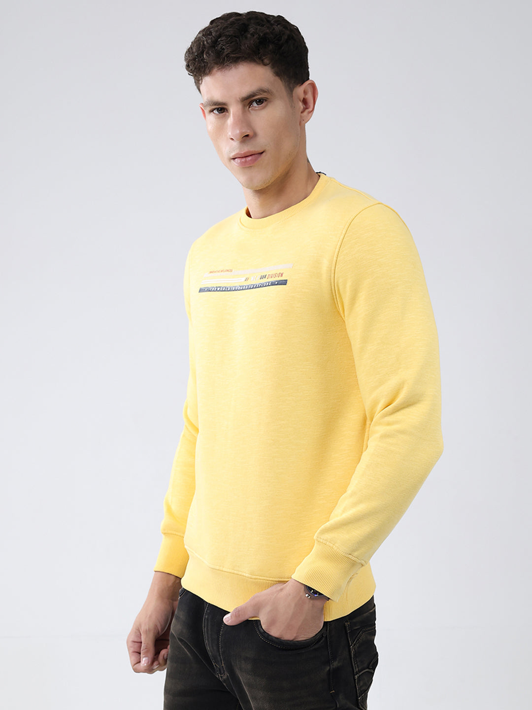 Men Yellow Solid Round Neck Full Sleeve Sweatshirt