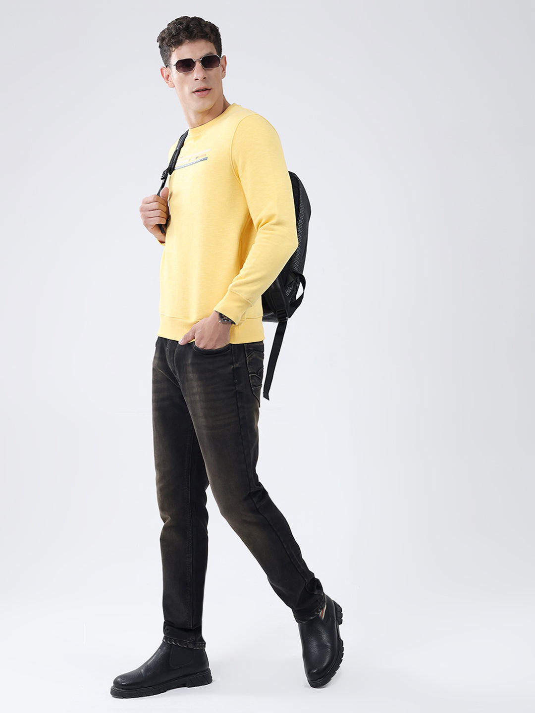 Men Yellow Solid Round Neck Full Sleeve Sweatshirt