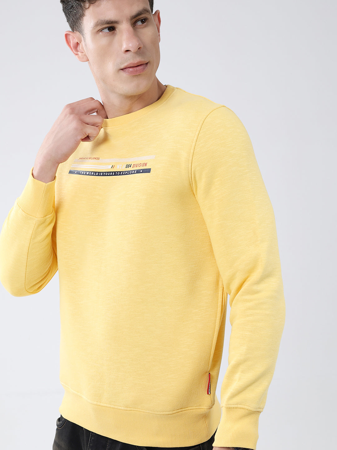 Men Yellow Solid Round Neck Full Sleeve Sweatshirt