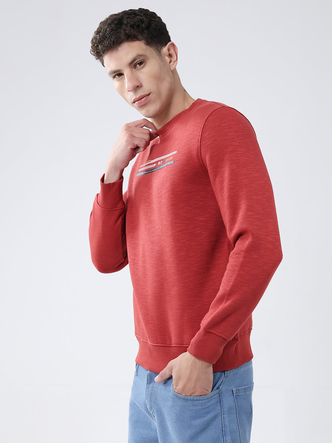Men Rust Solid Round Neck Full Sleeve Sweatshirt