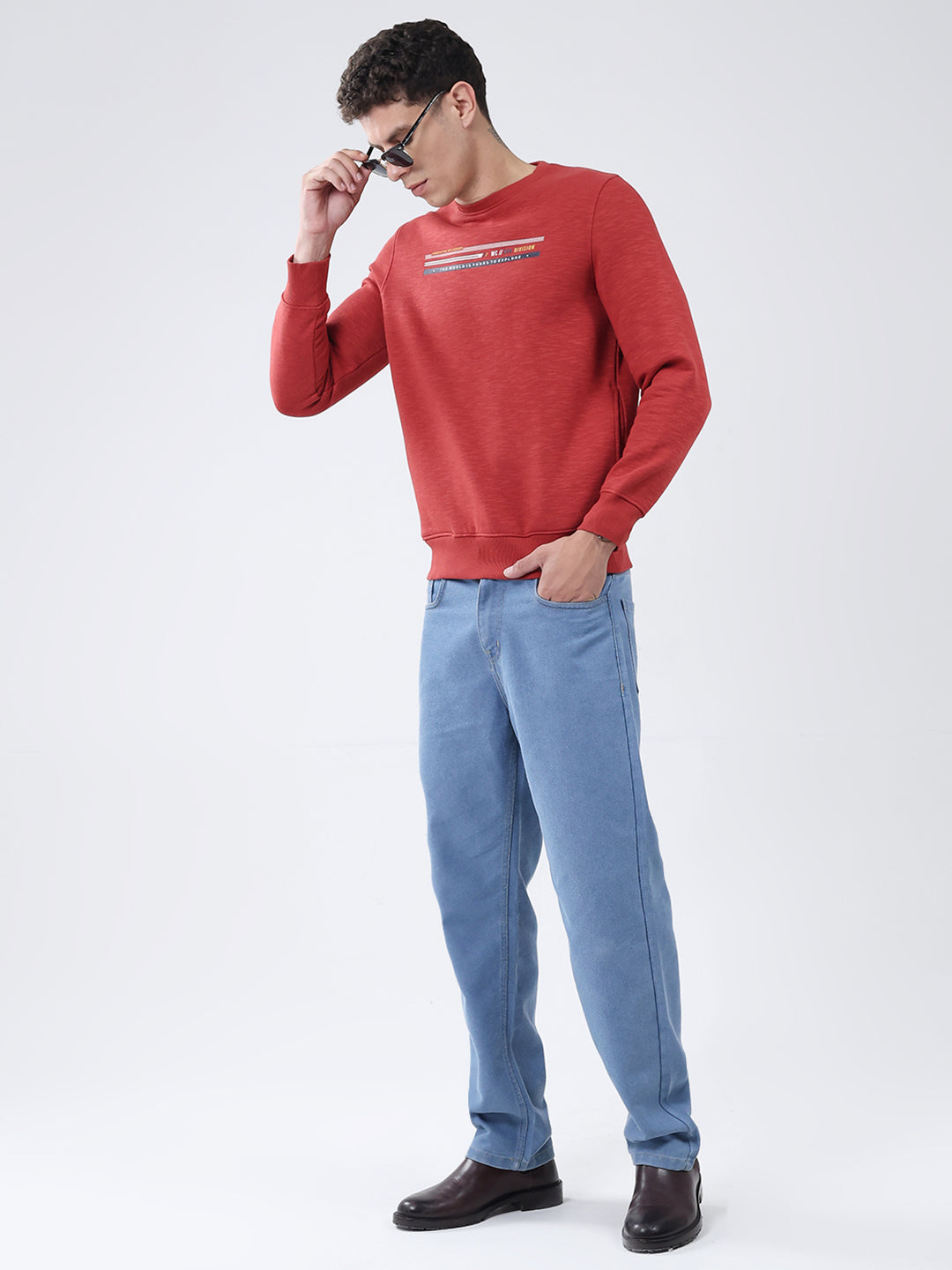 Men Rust Solid Round Neck Full Sleeve Sweatshirt