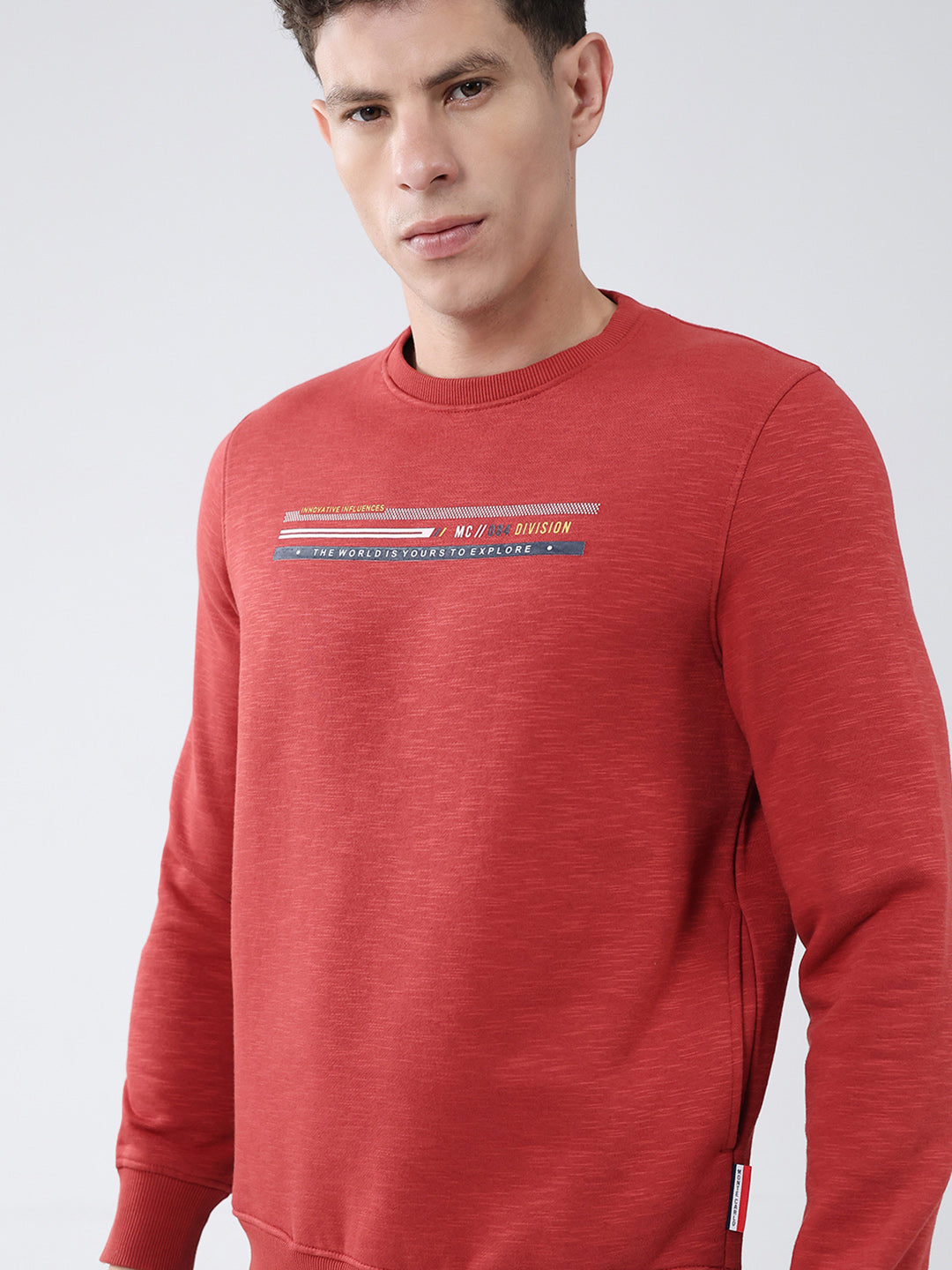 Men Rust Solid Round Neck Full Sleeve Sweatshirt