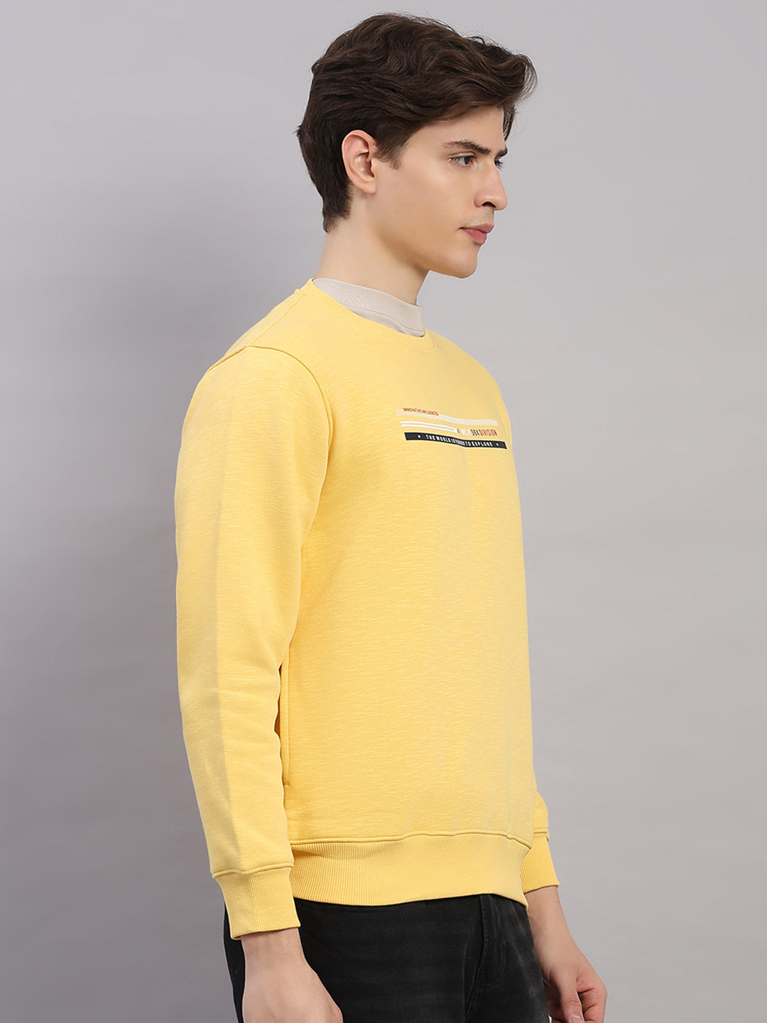 Men Yellow Printed Round Neck Full Sleeve Sweatshirt
