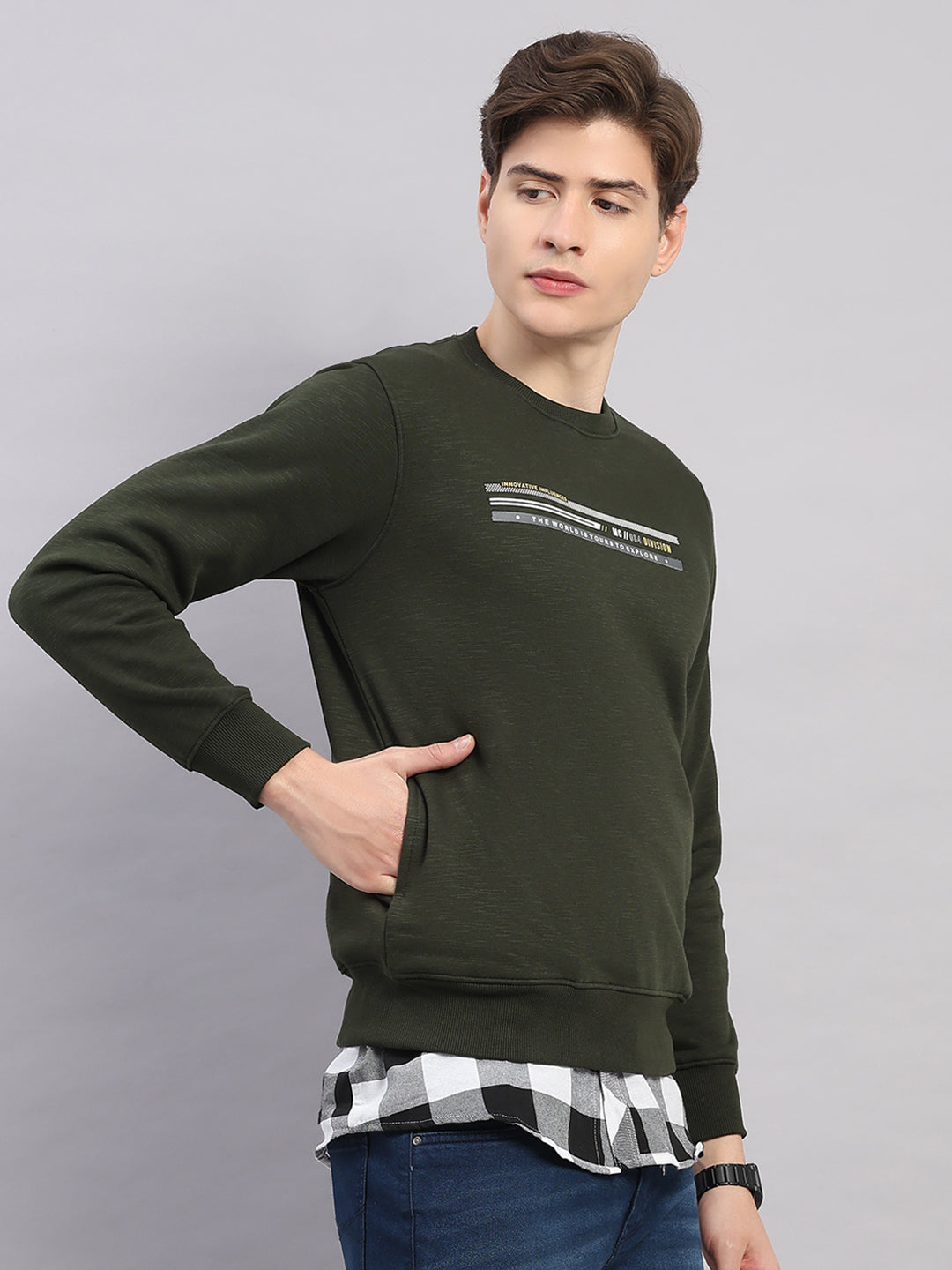 Men Olive Printed Round Neck Full Sleeve Sweatshirt
