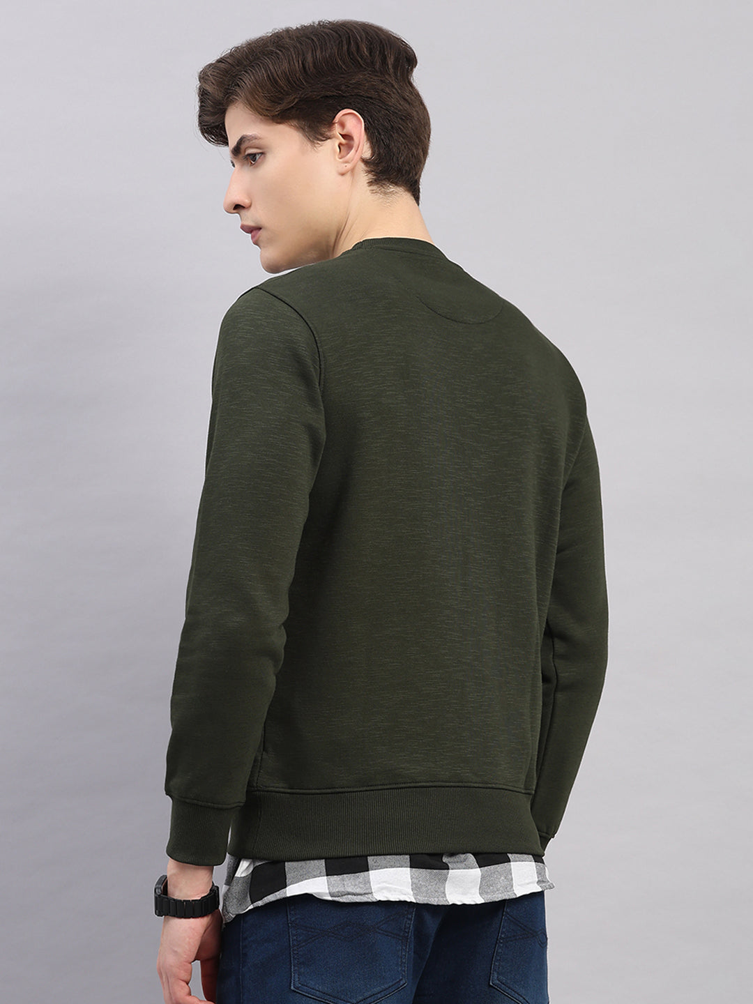Men Olive Printed Round Neck Full Sleeve Sweatshirt