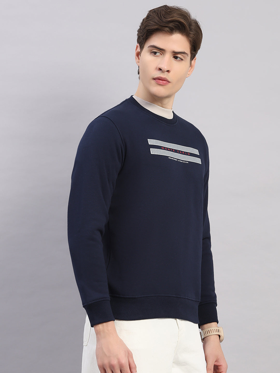 Men Navy Blue Printed Round Neck Full Sleeve Sweatshirt