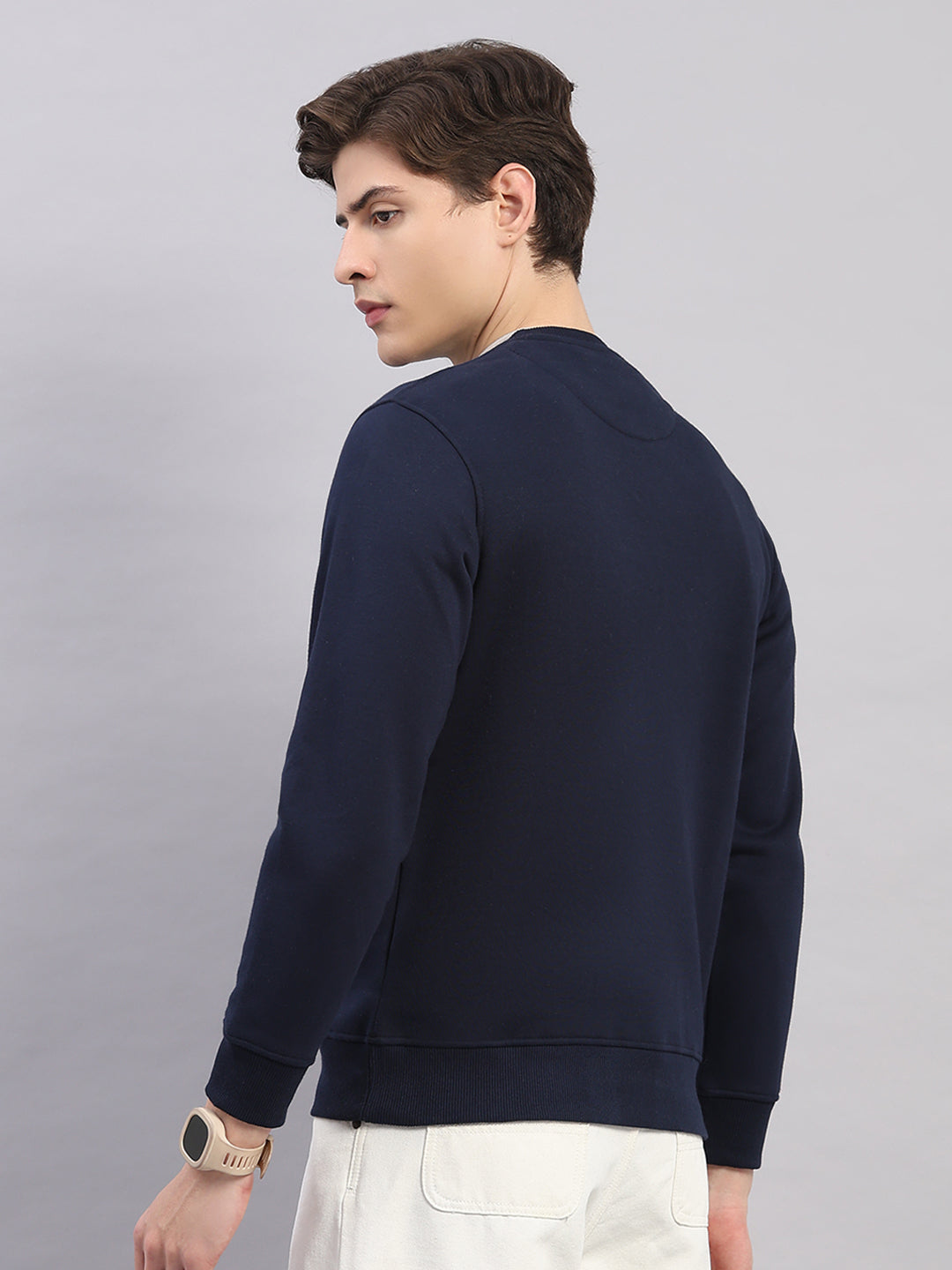 Men Navy Blue Printed Round Neck Full Sleeve Sweatshirt