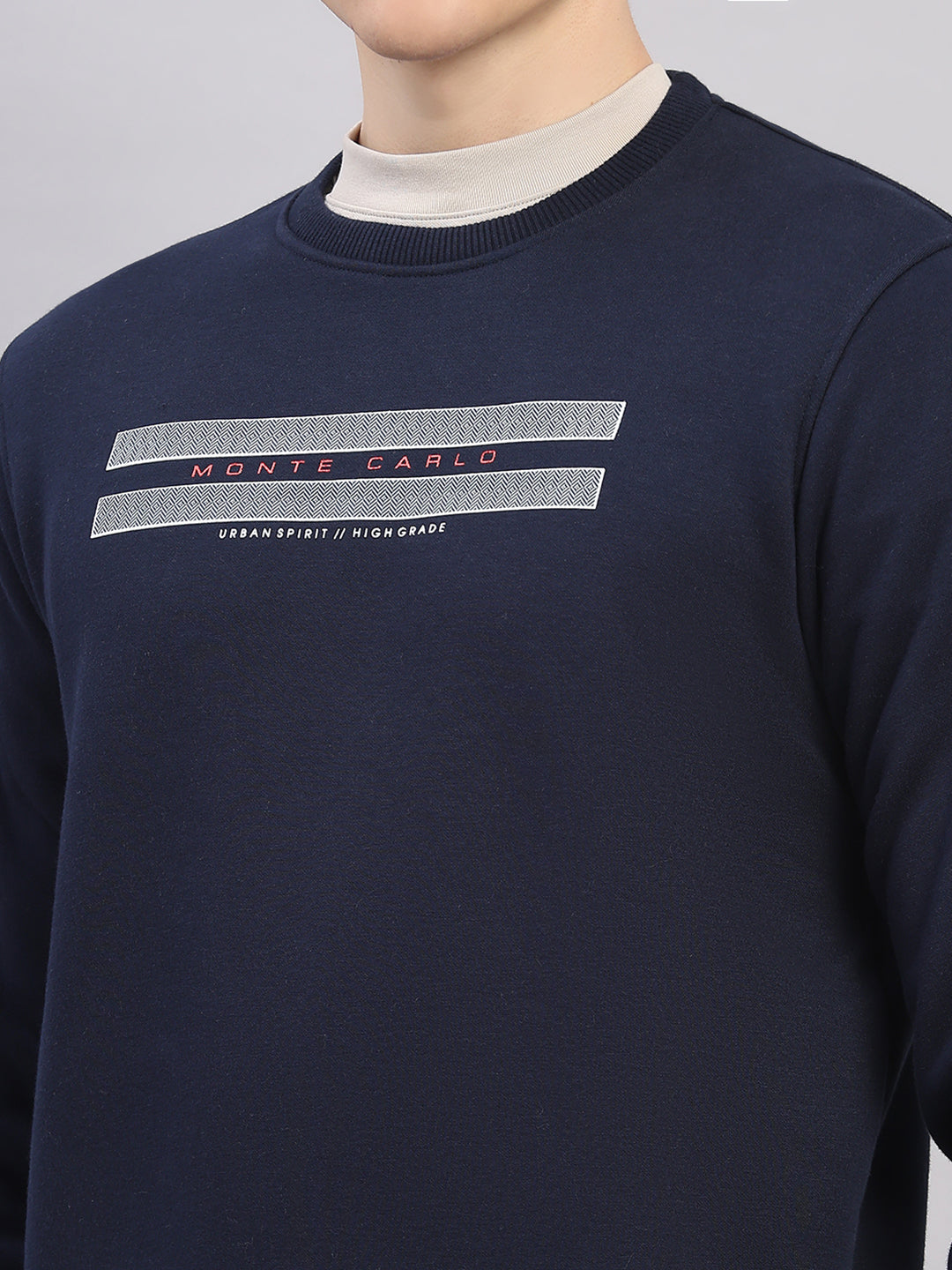 Men Navy Blue Printed Round Neck Full Sleeve Sweatshirt