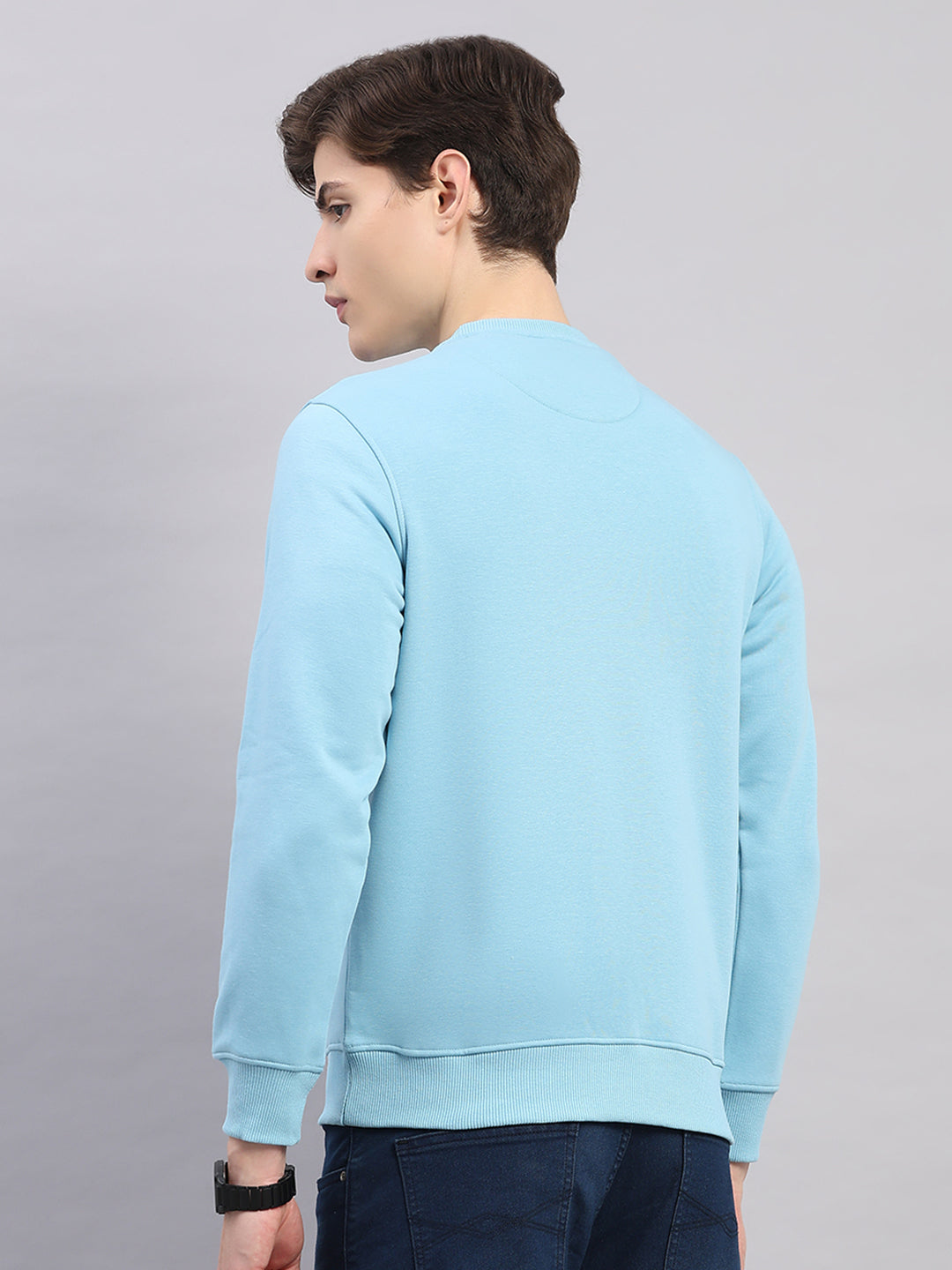 Men Sky Blue Printed Round Neck Full Sleeve Sweatshirt