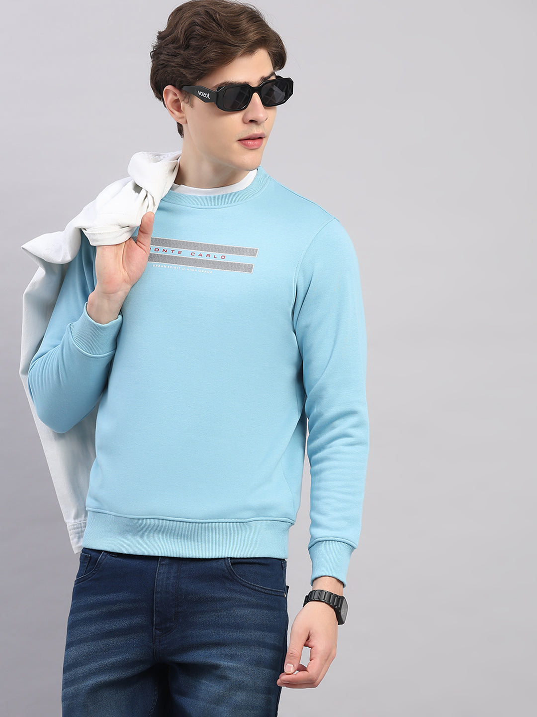 Men Sky Blue Printed Round Neck Full Sleeve Sweatshirt