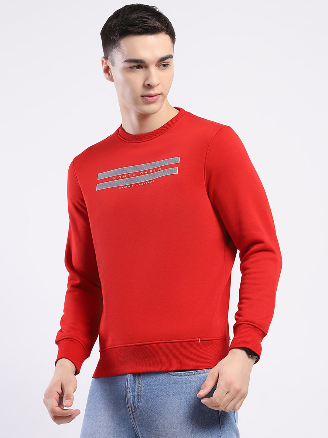 Men Red Solid Round Neck Full Sleeve Sweatshirt