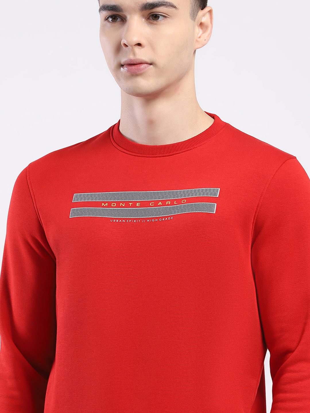 Men Red Solid Round Neck Full Sleeve Sweatshirt