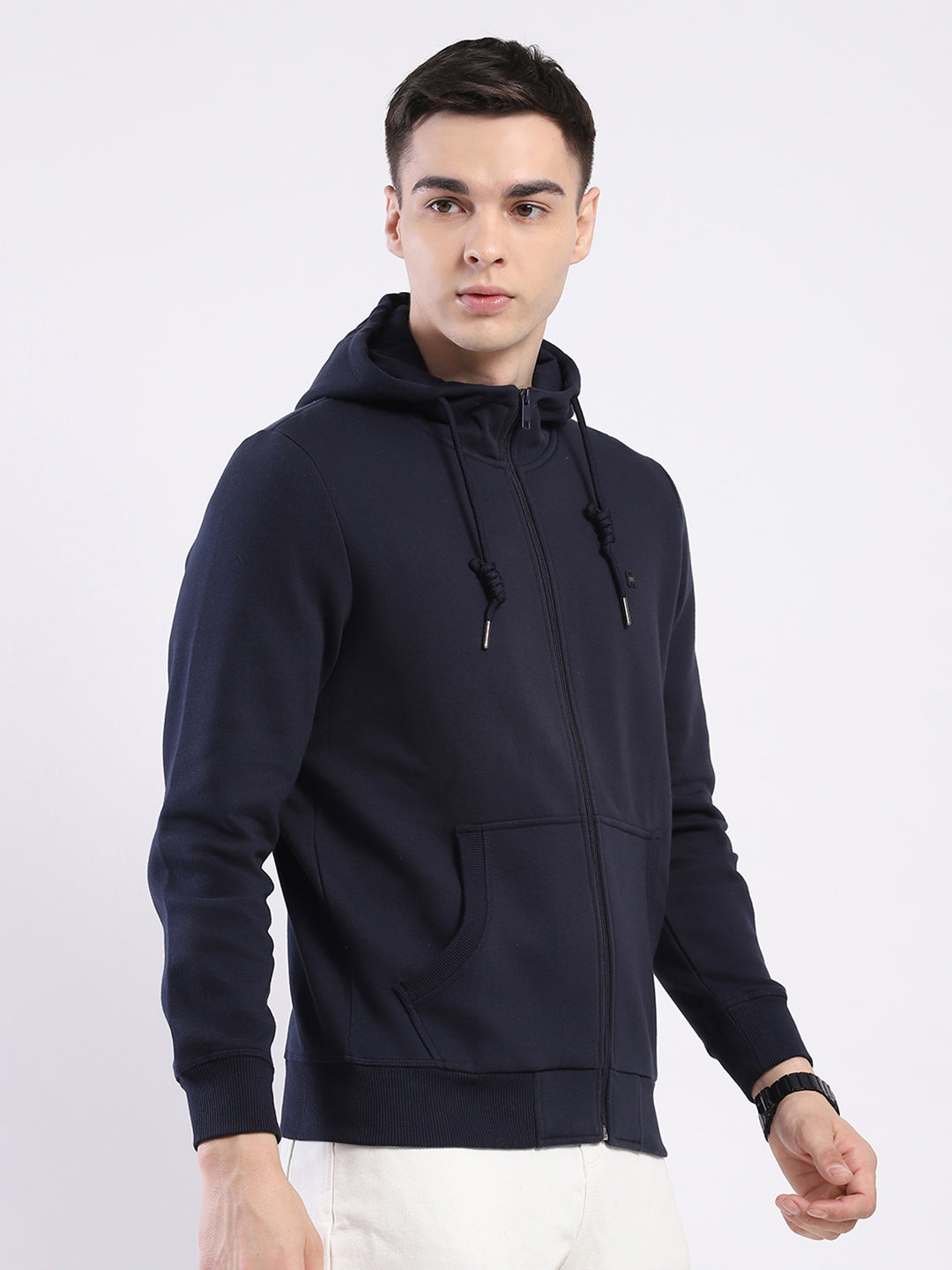 Men Navy Blue Solid Hooded Full Sleeve Sweatshirt