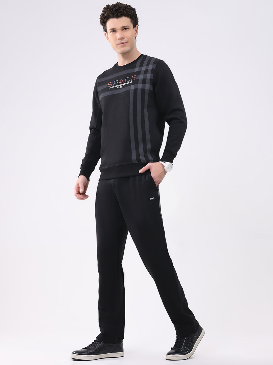 Men Black Printed Collar Full Sleeve Winter Tracksuit