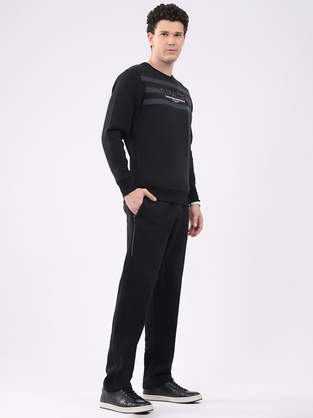 Men Black Printed Collar Full Sleeve Winter Tracksuit