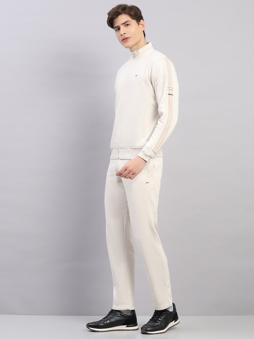 Men Off White Solid Stand Collar Full Sleeve Winter Tracksuit