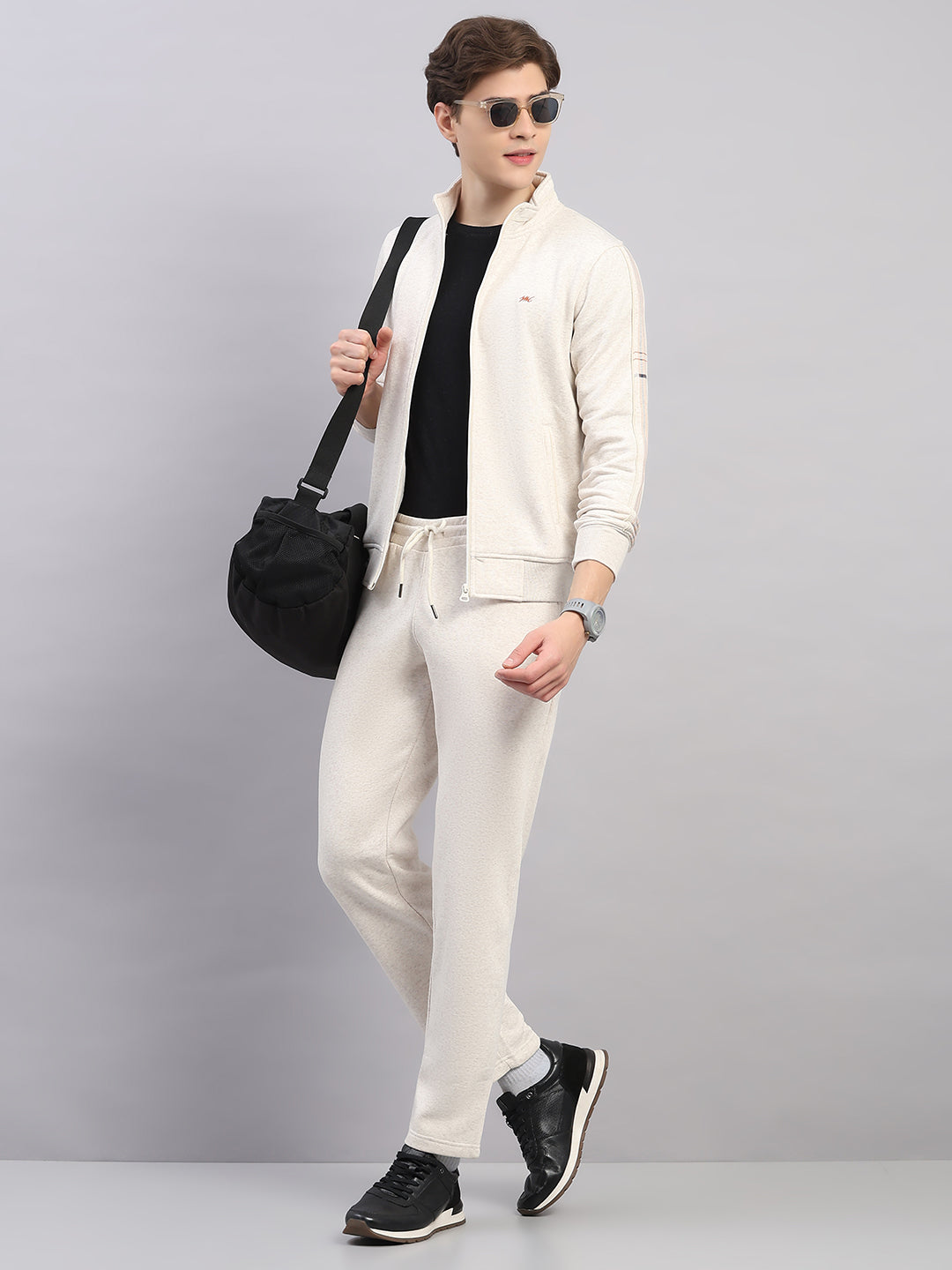 Men Off White Solid Stand Collar Full Sleeve Winter Tracksuit