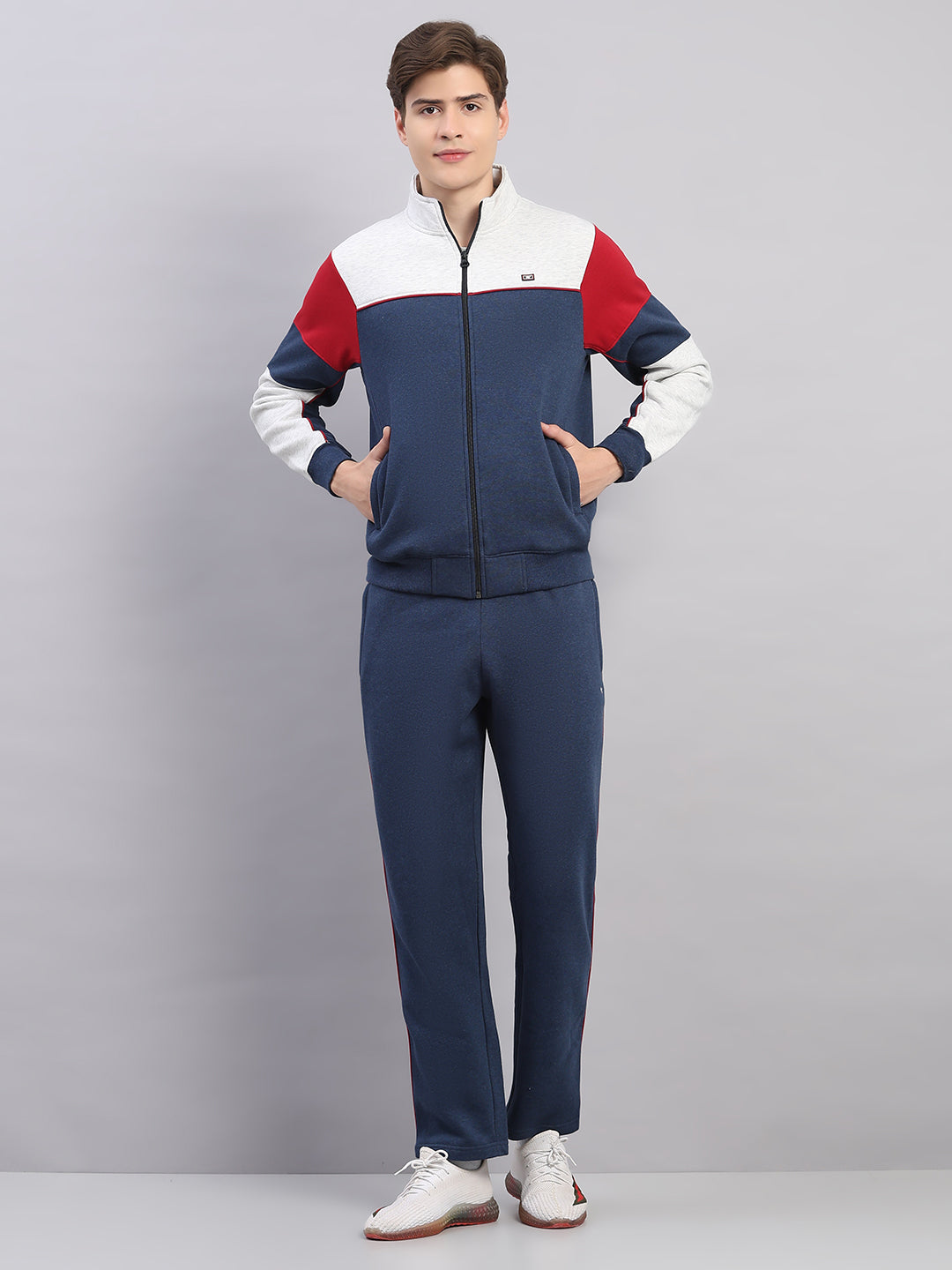 Men Blue Colourblocked Stand Collar Full Sleeve Winter Tracksuit