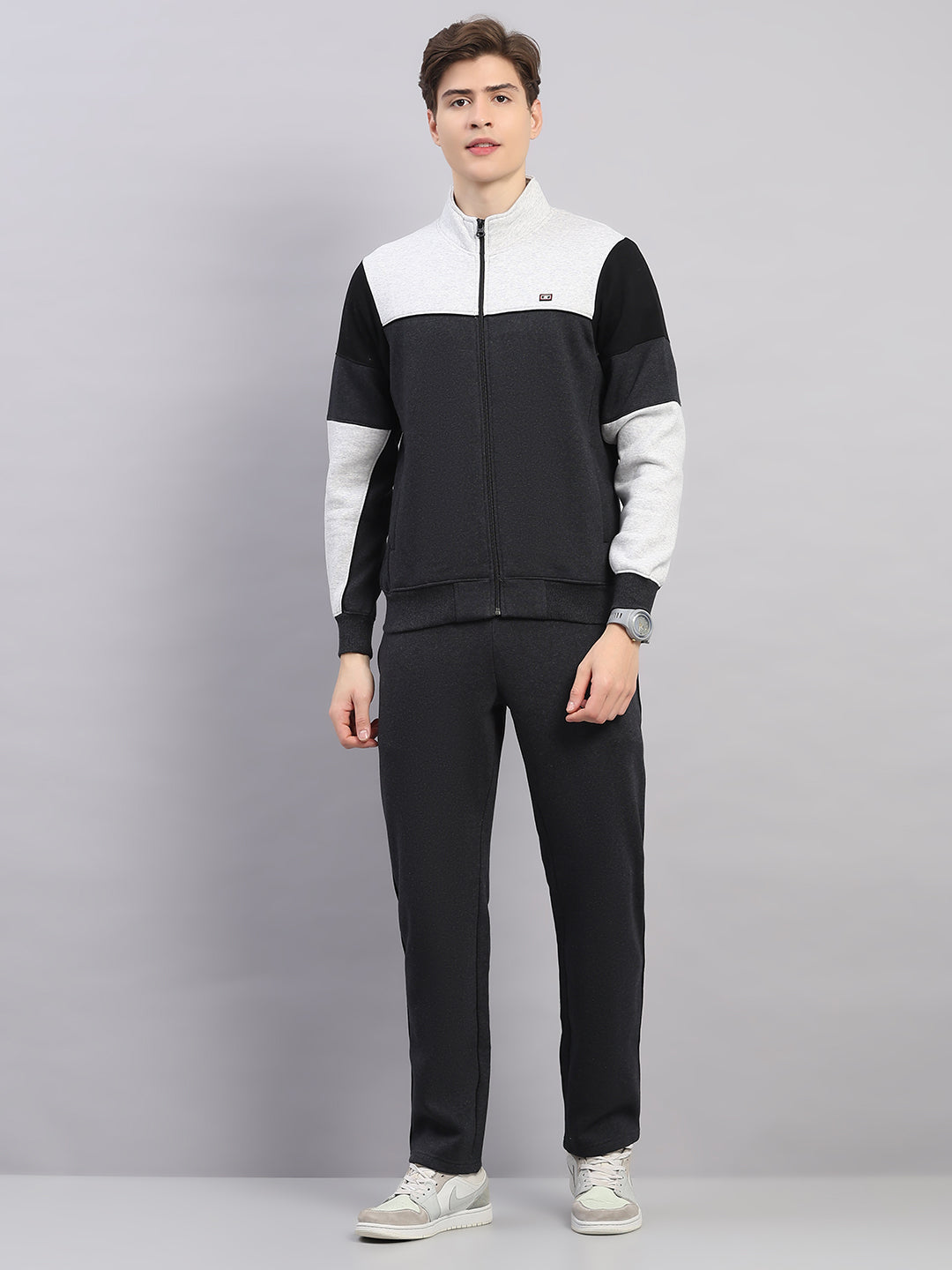 Men Grey Colourblocked Stand Collar Full Sleeve Winter Tracksuit