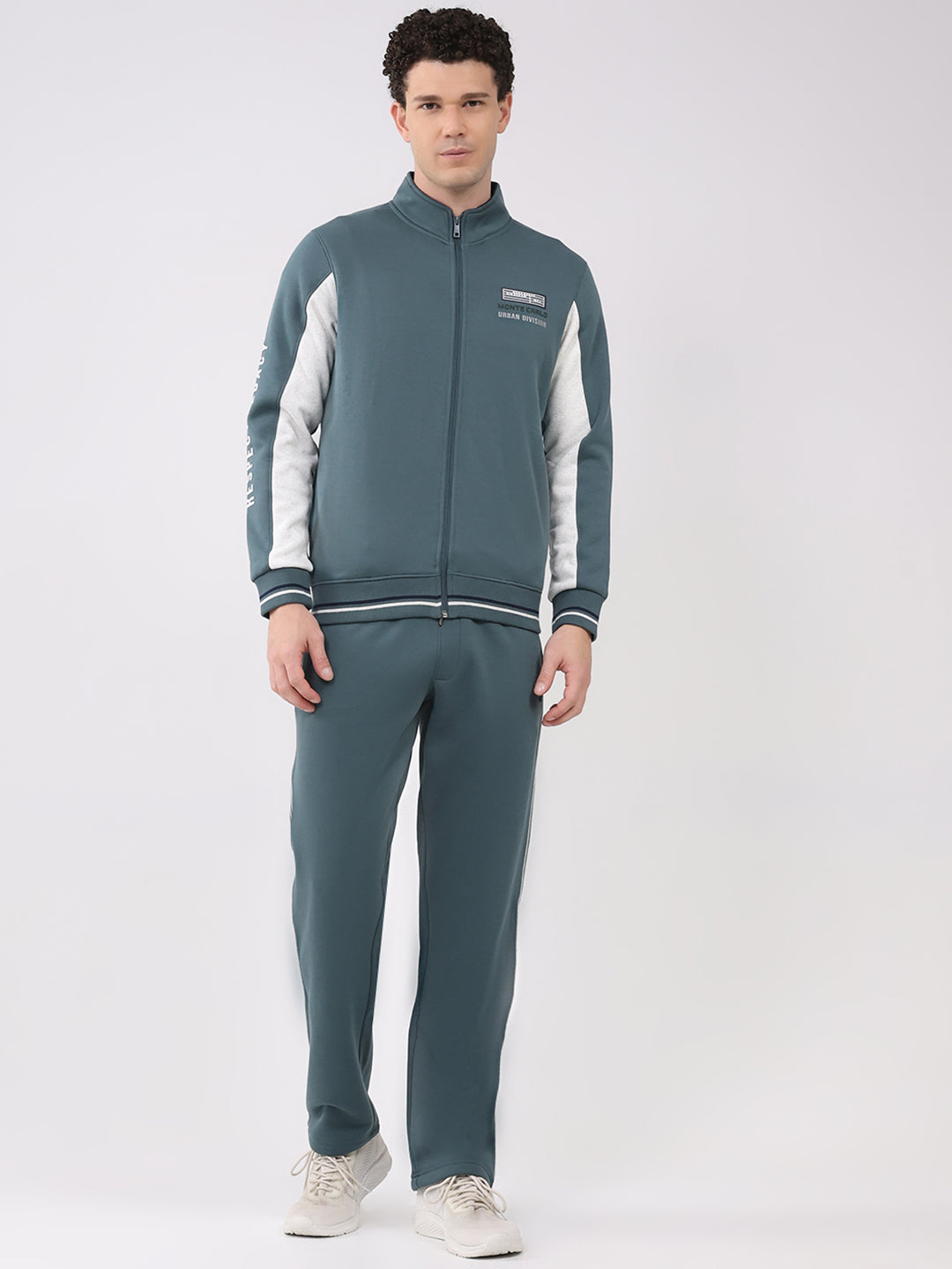 Men Green Printed Collar Full Sleeve Winter Tracksuit