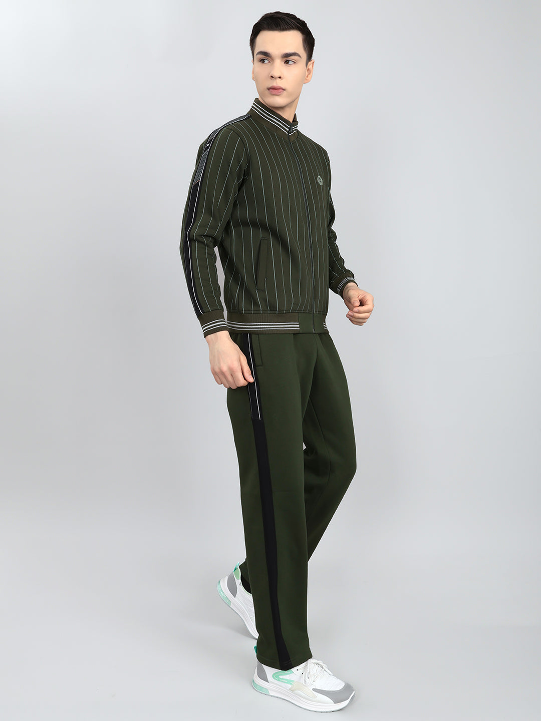 Men Olive Stripe Round Neck Full Sleeve Winter Tracksuit
