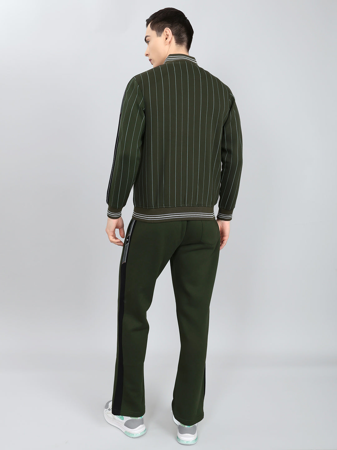 Men Olive Stripe Round Neck Full Sleeve Winter Tracksuit