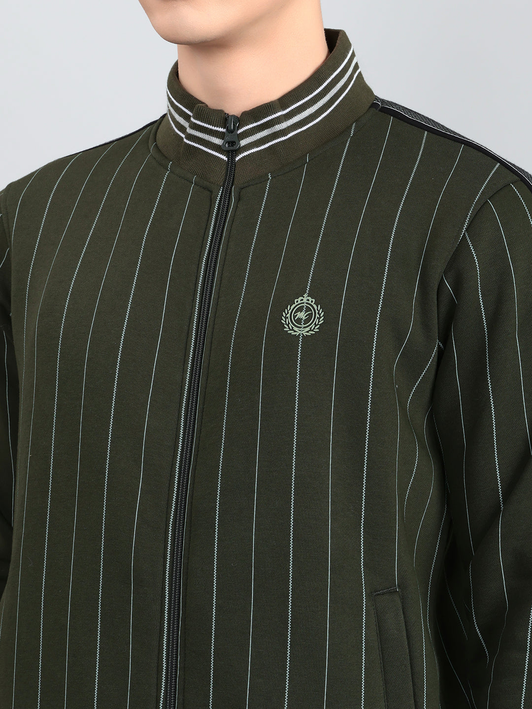 Men Olive Stripe Round Neck Full Sleeve Winter Tracksuit