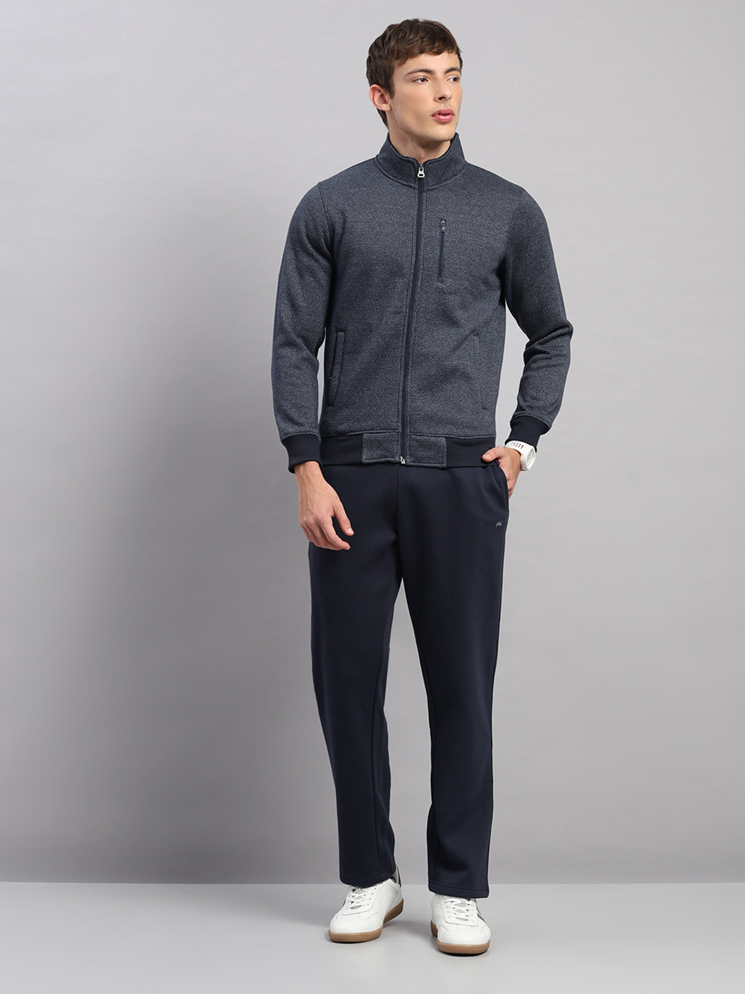 Men Navy Blue Embroidered Round Neck Full Sleeve Winter Tracksuit
