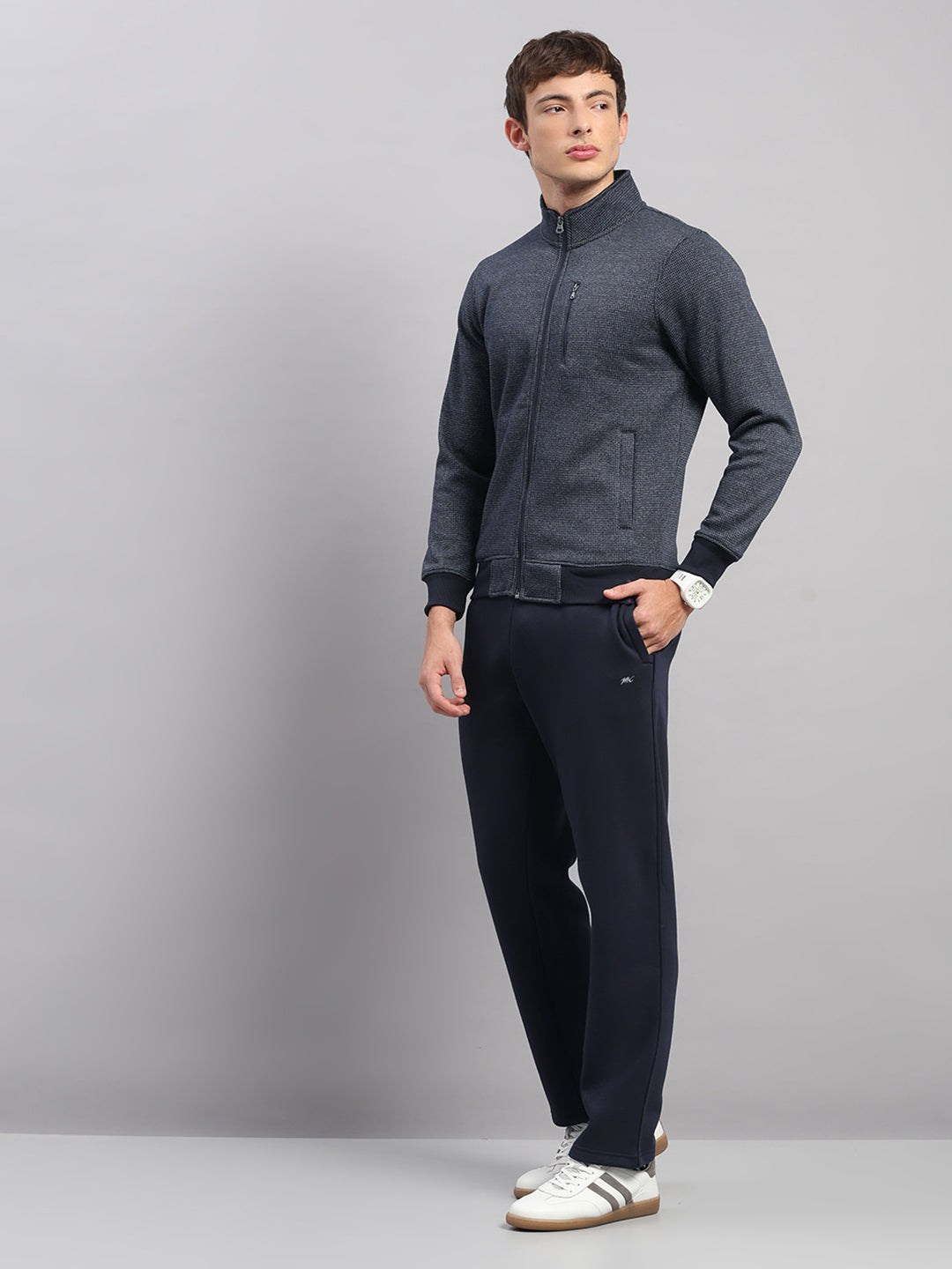 Men Navy Blue Embroidered Round Neck Full Sleeve Winter Tracksuit
