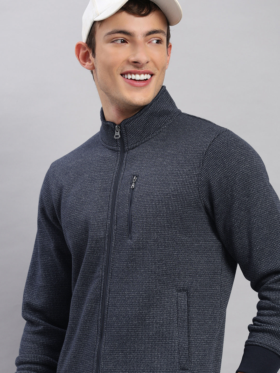 Men Navy Blue Embroidered Round Neck Full Sleeve Winter Tracksuit