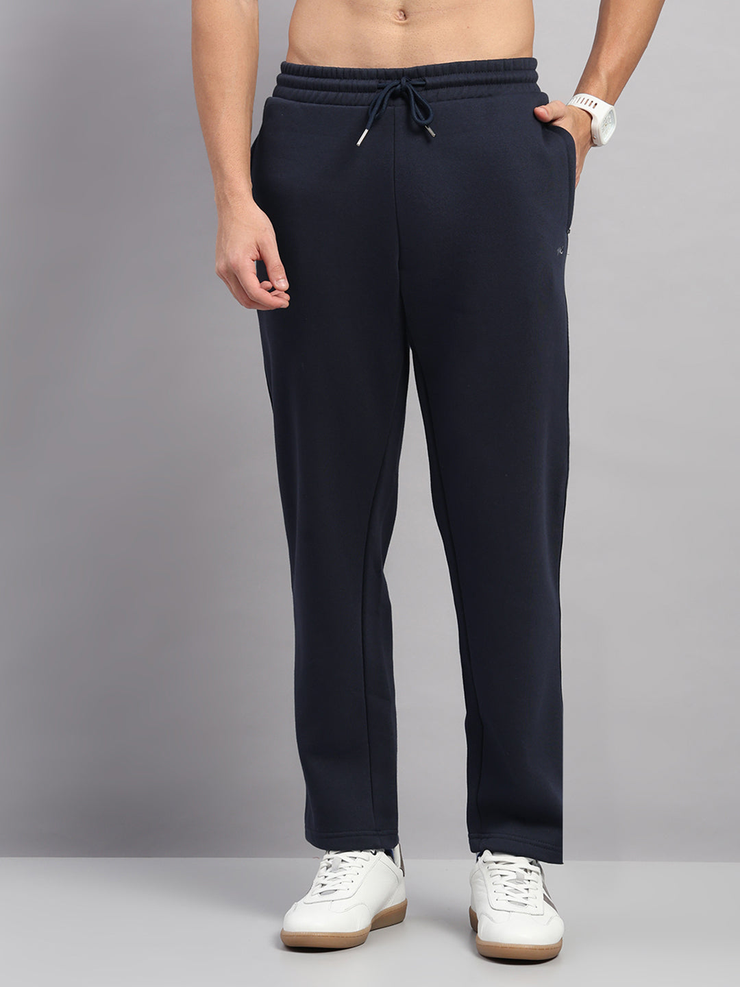 Men Navy Blue Embroidered Round Neck Full Sleeve Winter Tracksuit