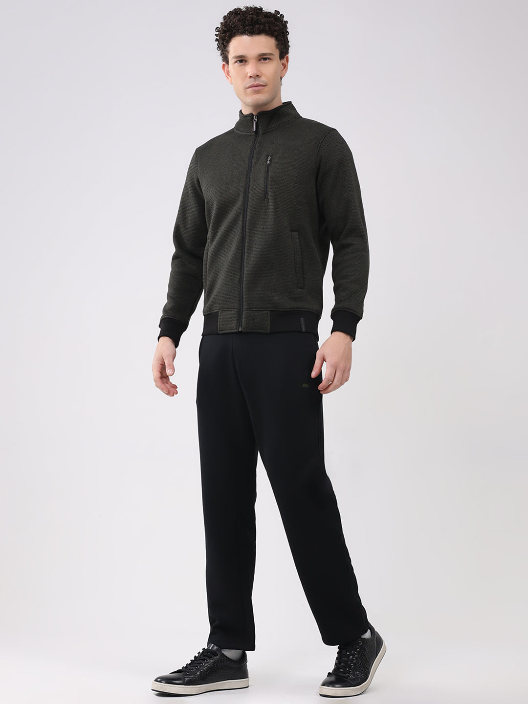 Men Black Embroidered Round Neck Full Sleeve Winter Tracksuit