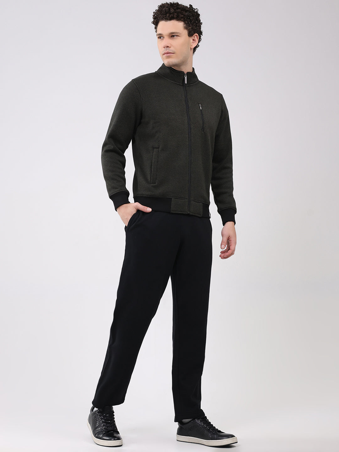 Men Black Embroidered Round Neck Full Sleeve Winter Tracksuit