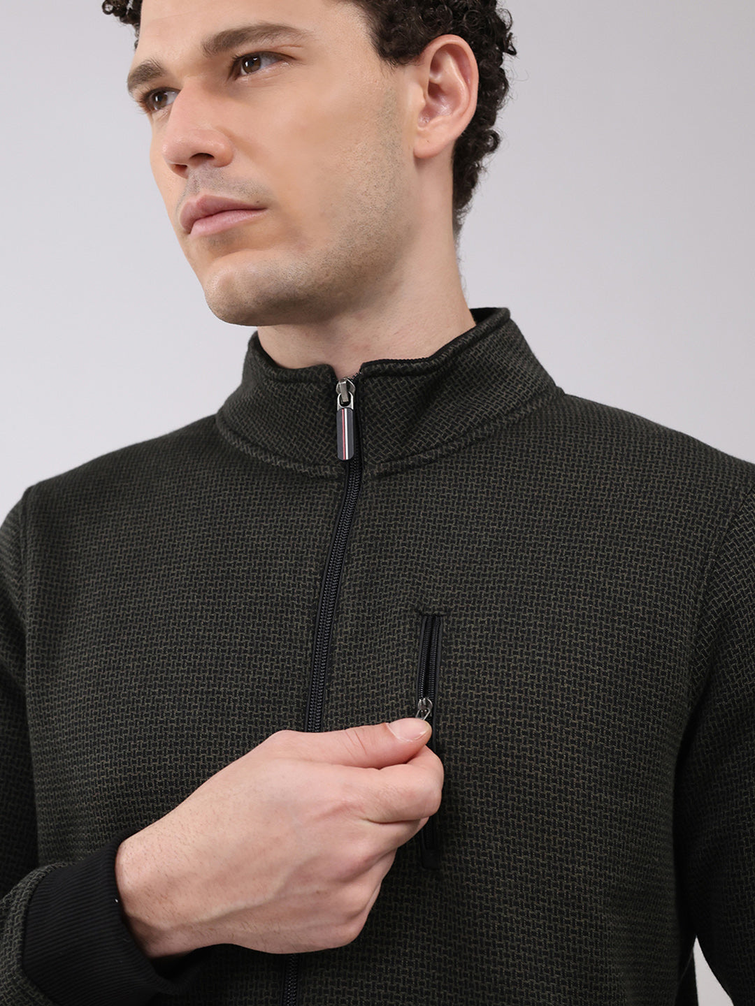 Men Black Embroidered Round Neck Full Sleeve Winter Tracksuit