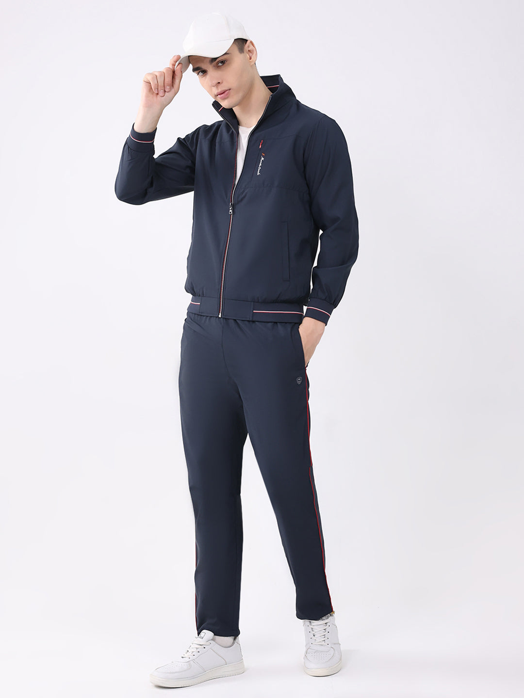Men Navy Blue Printed Round Neck Full Sleeve Winter Tracksuit