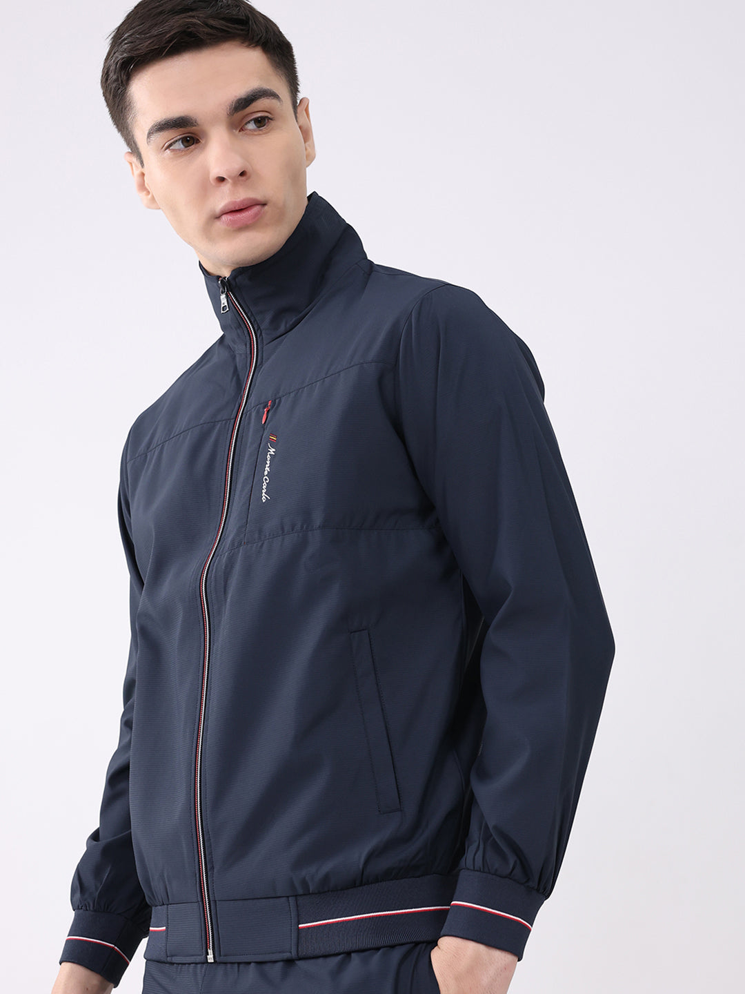 Men Navy Blue Printed Round Neck Full Sleeve Winter Tracksuit