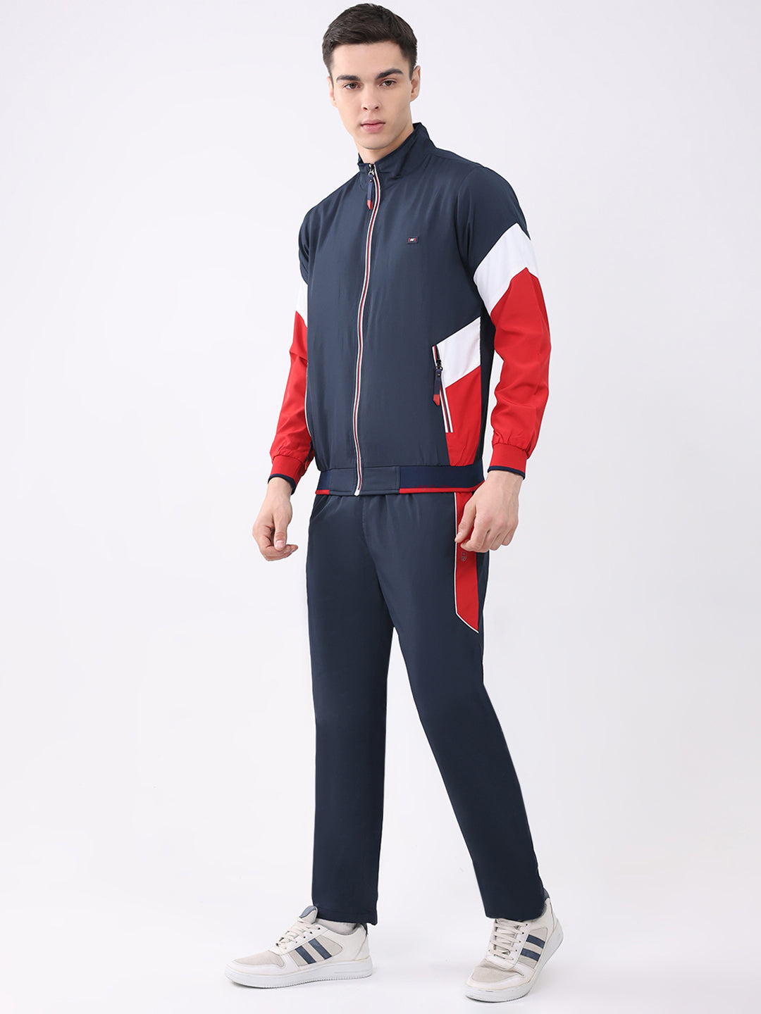 Men Navy Blue Solid Round Neck Full Sleeve Winter Tracksuit