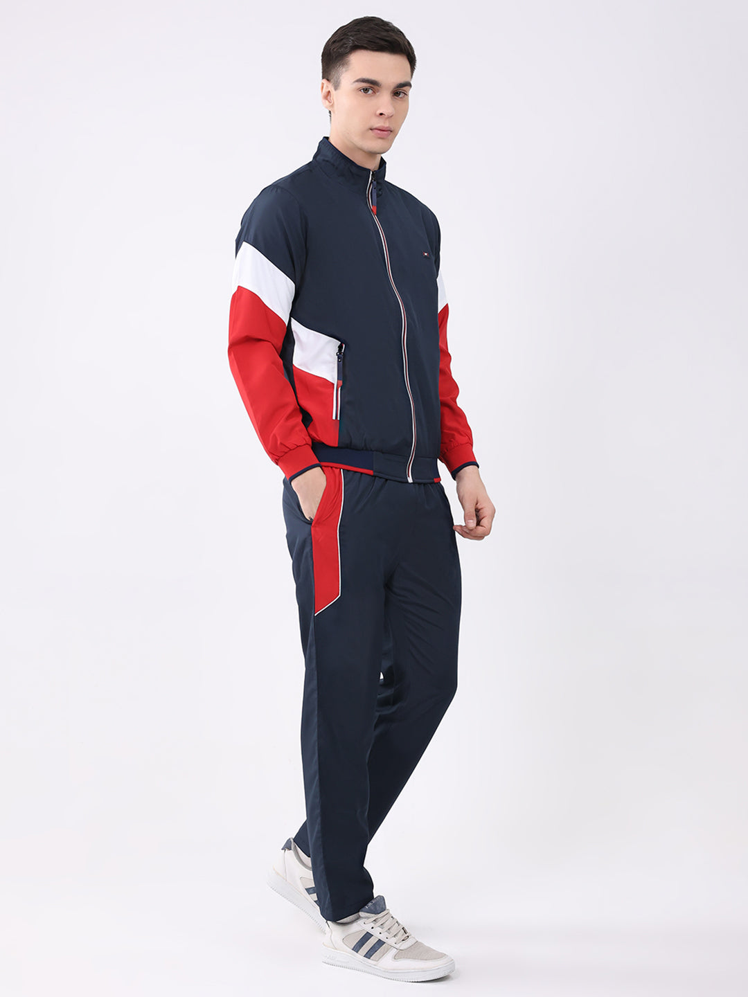 Men Navy Blue Solid Round Neck Full Sleeve Winter Tracksuit