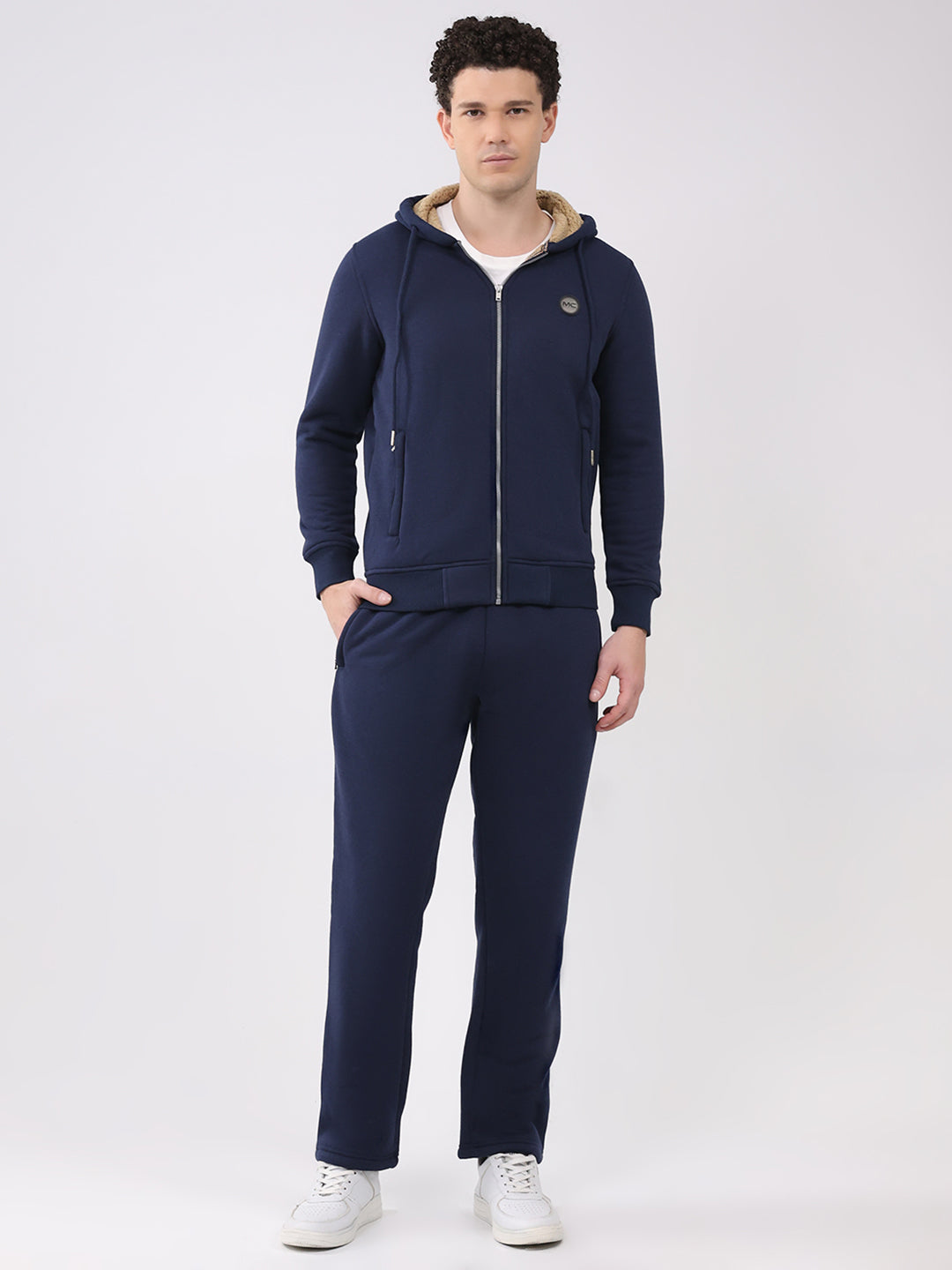 Men Blue Solid Round Neck Full Sleeve Winter Tracksuit