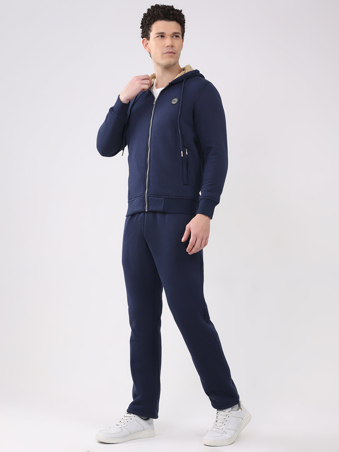 Men Blue Solid Round Neck Full Sleeve Winter Tracksuit