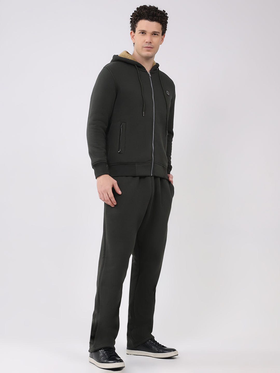 Men Olive Solid Round Neck Full Sleeve Winter Tracksuit