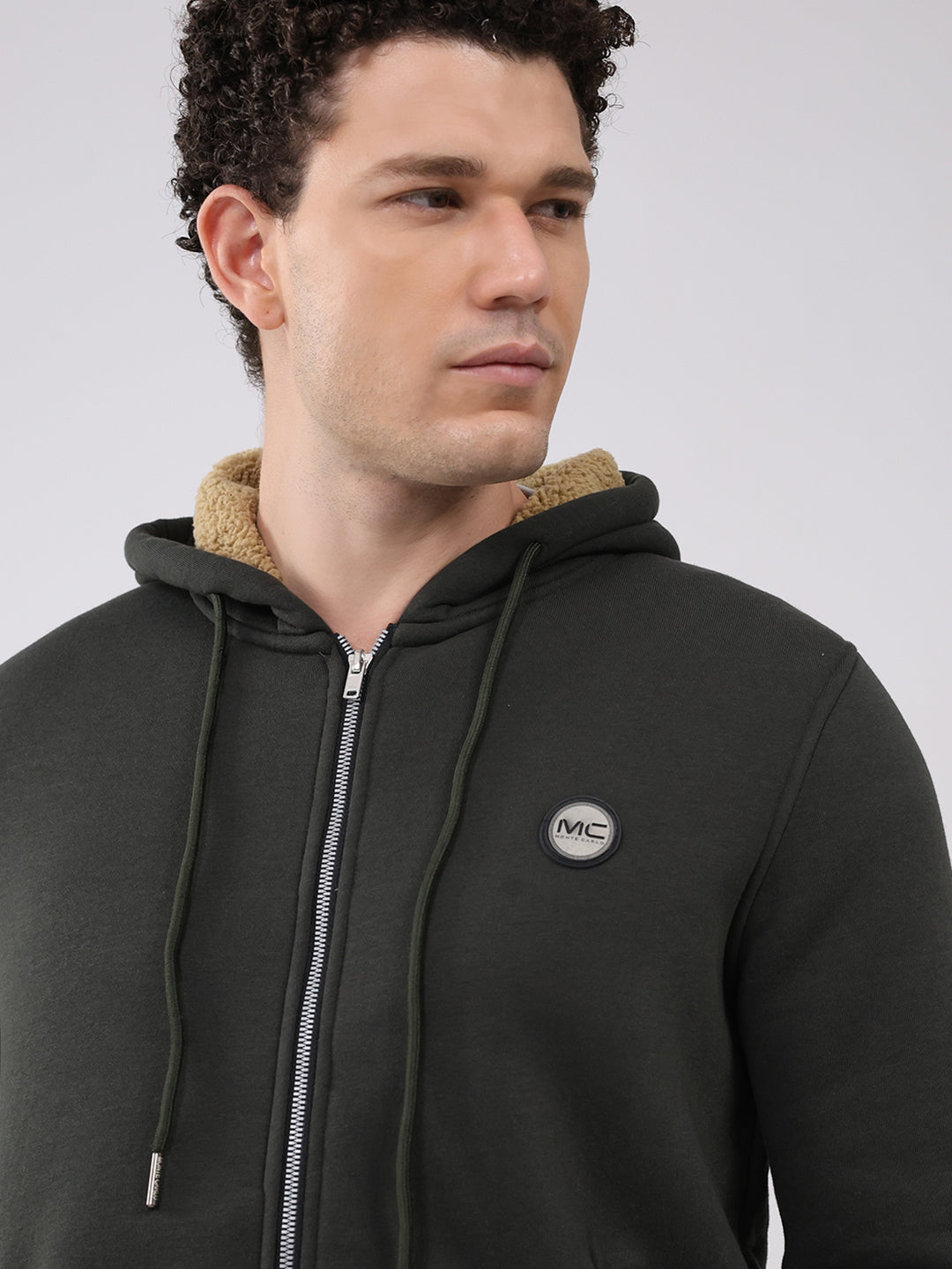 Men Olive Solid Round Neck Full Sleeve Winter Tracksuit