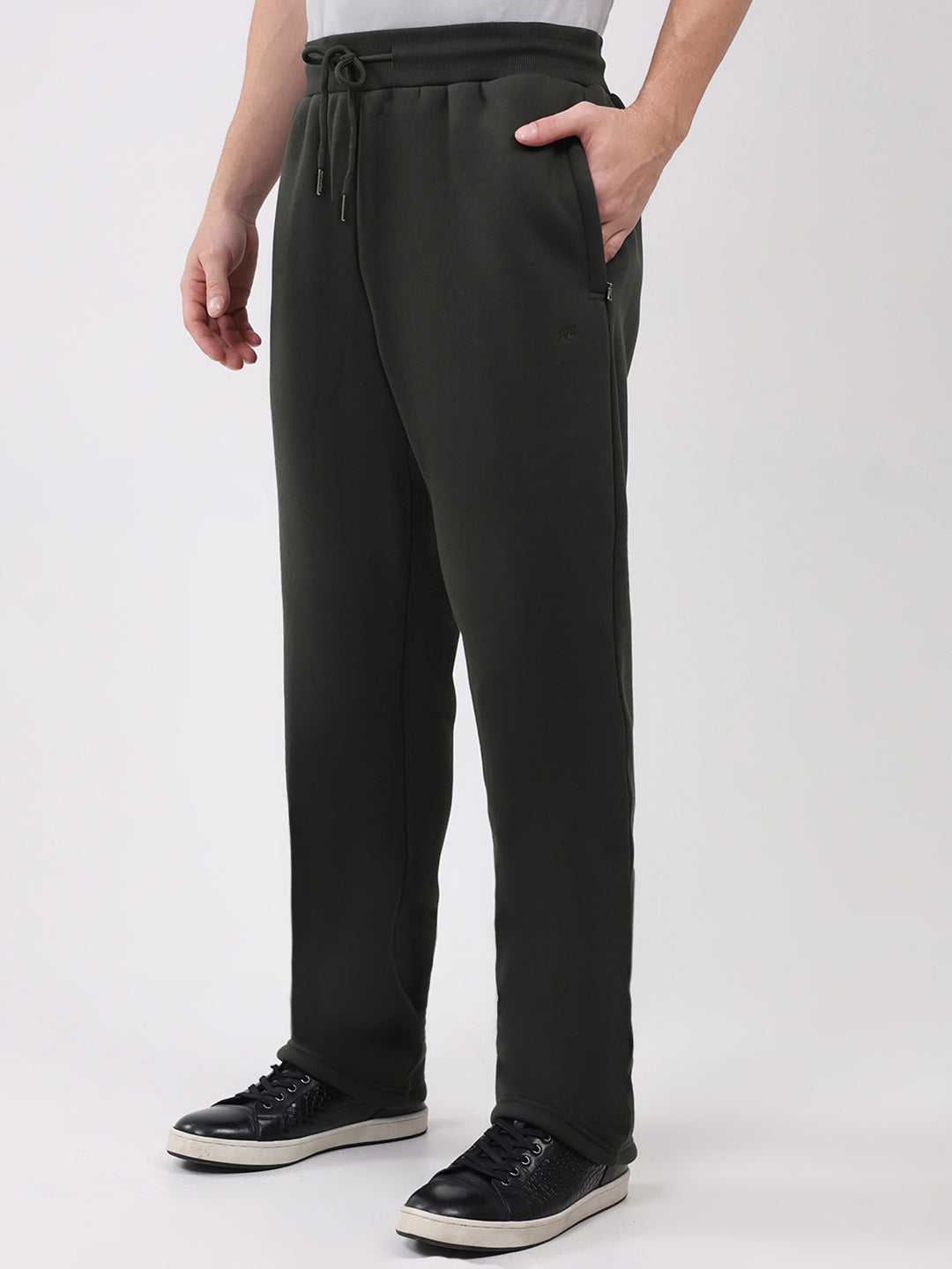 Men Olive Solid Round Neck Full Sleeve Winter Tracksuit